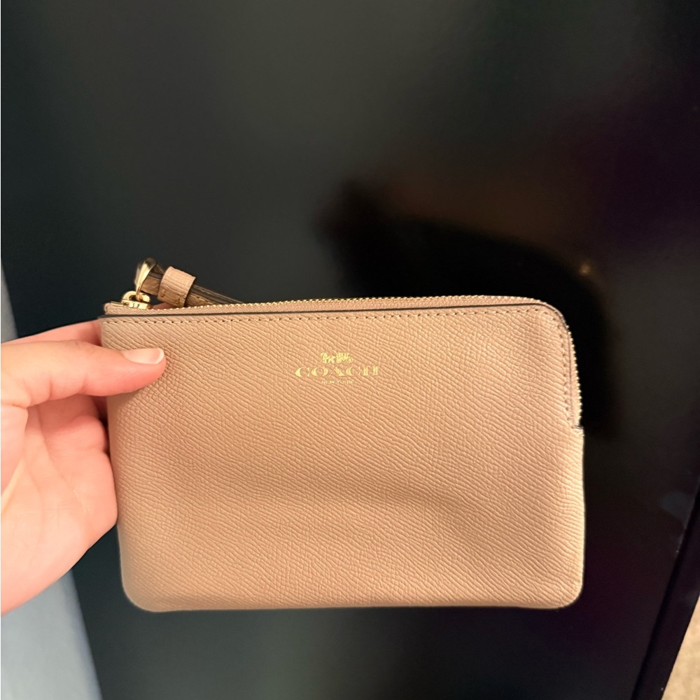 Coach Beige Leather Wristlet with Gold Zipper